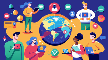 Global communication network connecting diverse people using digital devices, enhancing online interaction and collaboration
