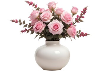 A white ceramic vase filled with vibrant pink roses