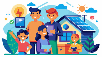 Family using smart home system for energy management, monitoring energy consumption, solar panels and devices in a modern home.