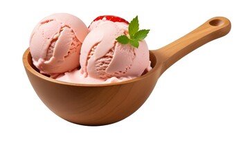 A dish of strawberry ice cream scoops with a wooden spoon , garnished with a green leaf