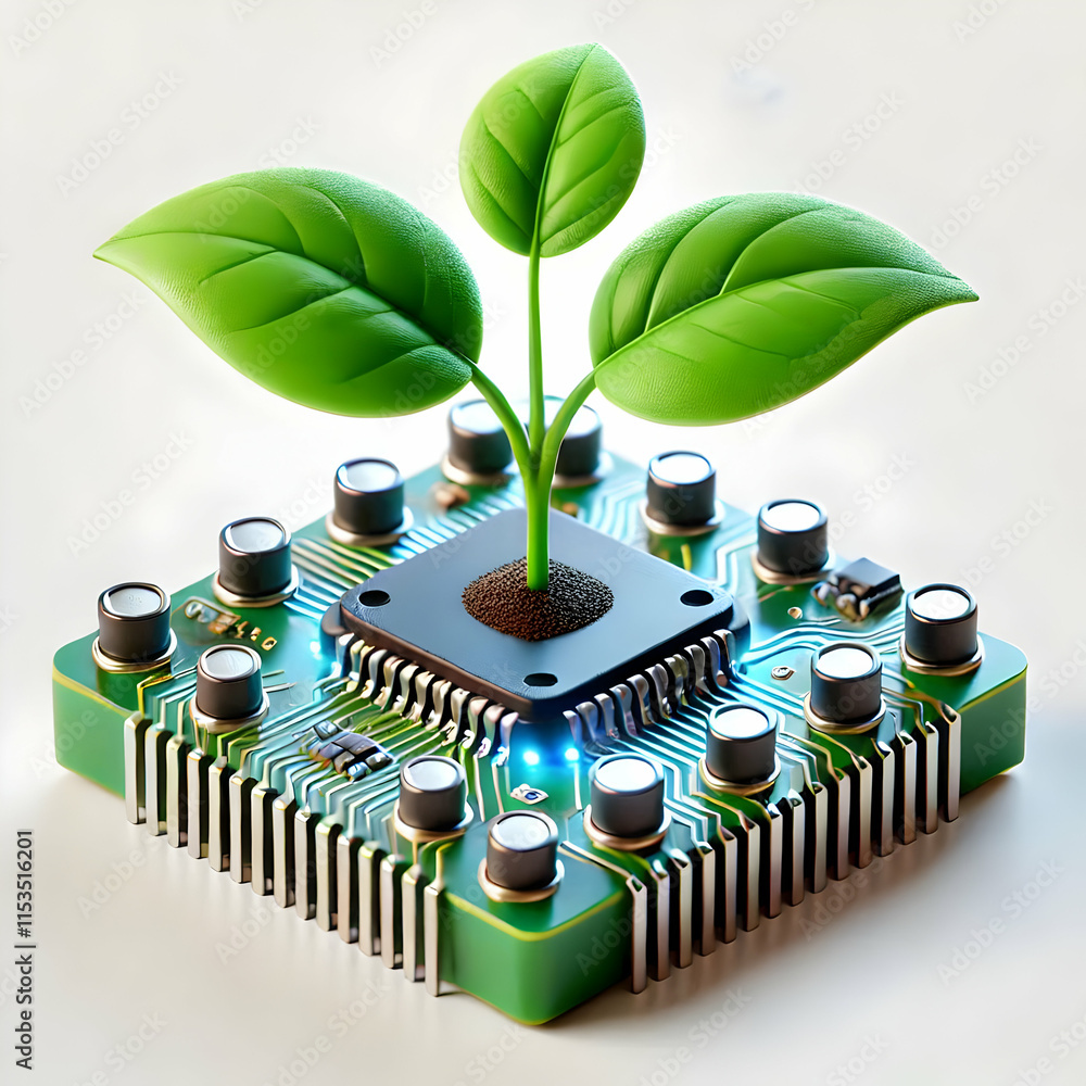Poster 3d macro image of green plant sprouting from circuit board symbolizing growth and innovation in tech