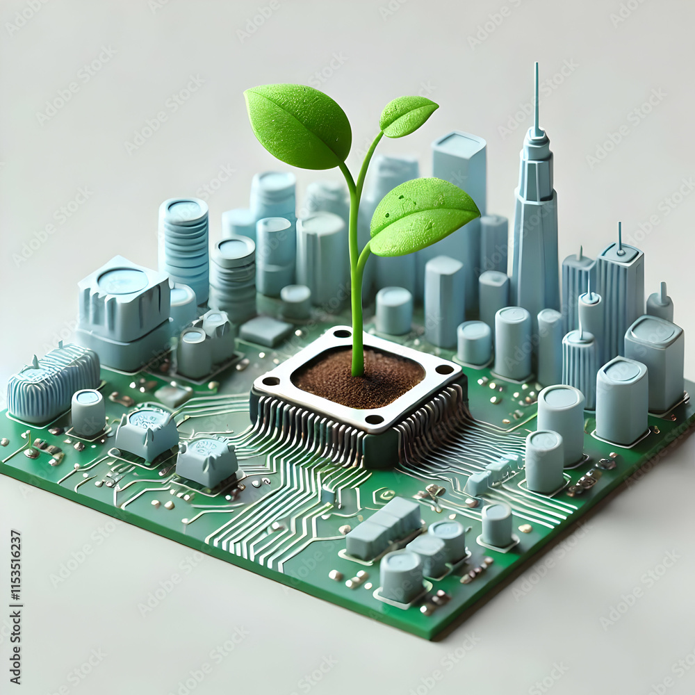 Aufkleber 3d macro plant sprouting from circuit board symbolizing nature technology integration