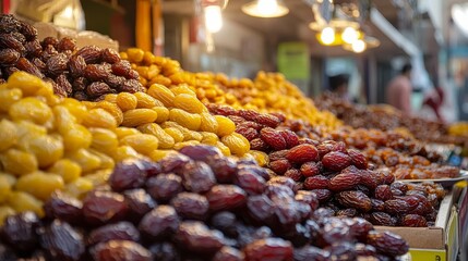 Various types of dates offered in bulk at the market, highlighting the abundance of dates during the Ramadan season, showcasing the diversity and appeal of dates this festive time.