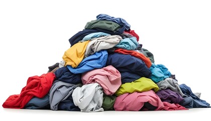 A large pile of colorful, crumpled clothing items including shirts, pants, and other garments