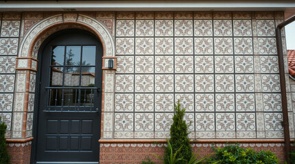A dark-colored arched door is set within a tiled wall. The wall features a repeating off-white and beige floral tile pattern with dark accents.  Small plants are visible at the base of the wall.
