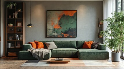 Spacious modern living room with a green sectional sofa, burnt orange accents, abstract art, and cozy textiles