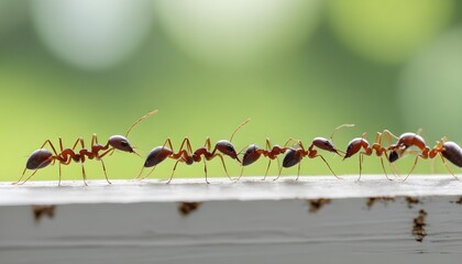 Fototapeta premium Ants crawling on a window frame, with a blurred green background