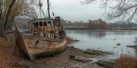 Fototapete Rund Ship graveyard along the riverbank features abandoned vessels in various states of decay, showcasing the fascinating remnants of maritime history in the ship graveyard landscape. © Rufat