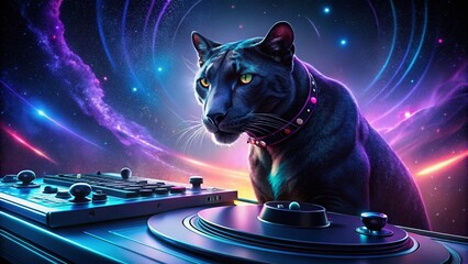 Majestic Panther DJ Mixing Beats Under Night Sky
