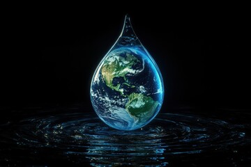 Earth depicted as a drop of water reflecting its beauty and fragility in the universe