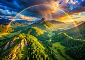 Obraz premium Majestic Rainbow Arcing Over Verdant Mountain Peak - Drone Aerial View