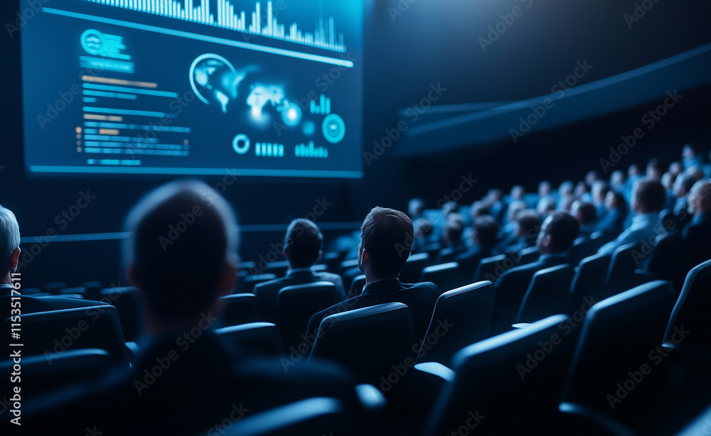 Poster audience seated in a dark auditorium watching a presentation on a large screen displaying futuristic