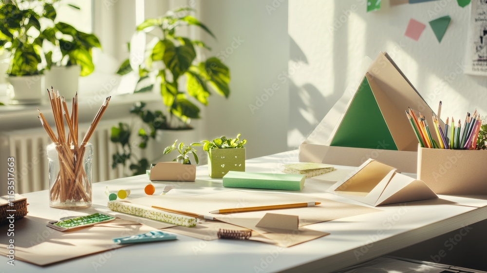 Aufkleber a tidy kite crafting table with paper, sticks, and string neatly placed
