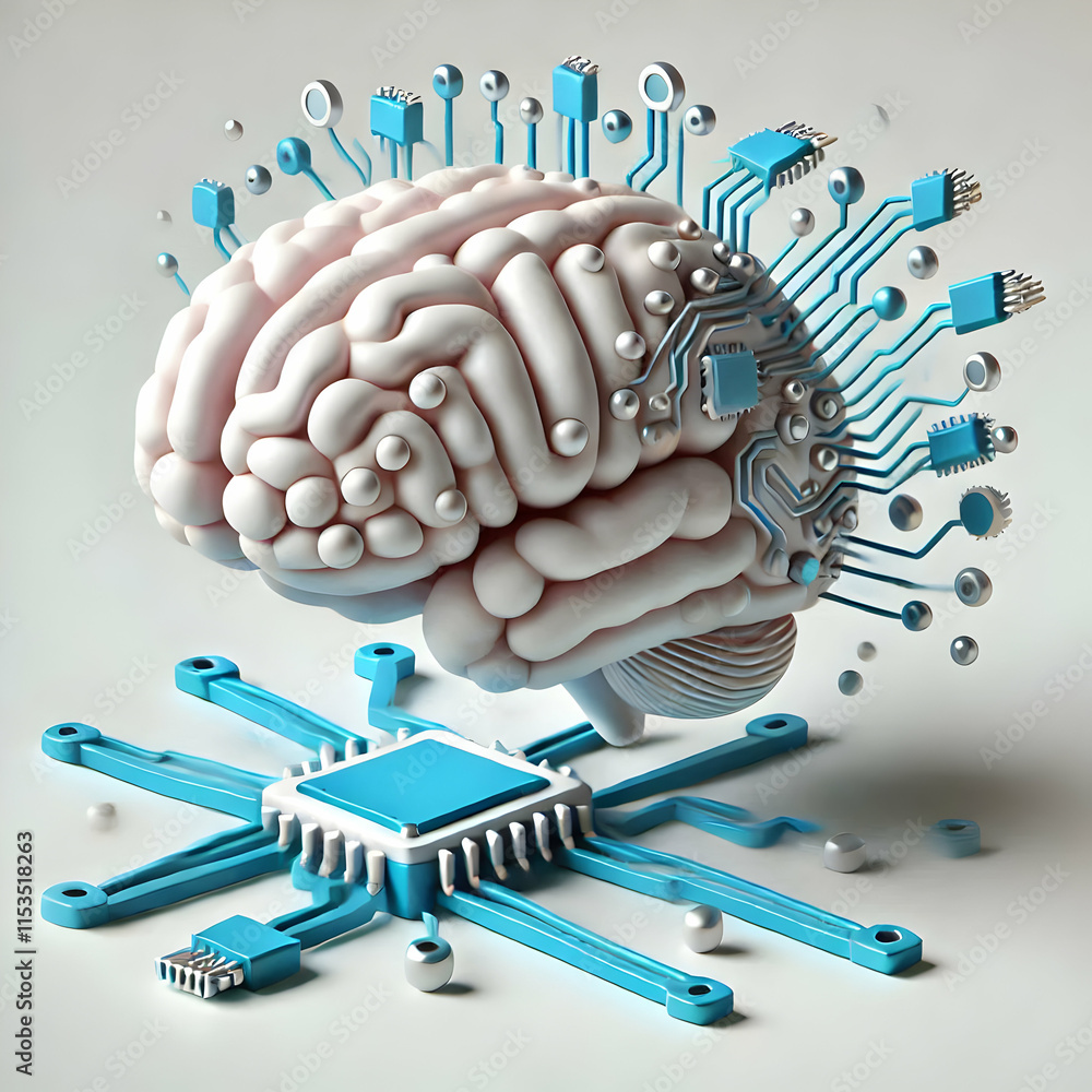 Poster 3d icon human brain circuit board integration on plain background, symbolizing intelligence and tech