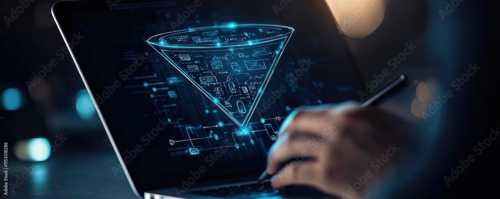 Poster a person is using a digital pen on a laptop, creating a futuristic holographic triangle display, sym