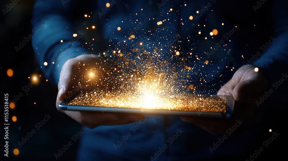 Poster a person holds a tablet emitting sparkling particles, creating a magical and enchanting atmosphere.