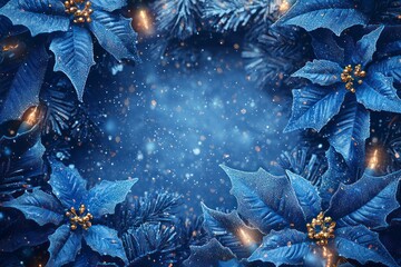 Futuristic Christmas Border Design Featuring Lush Blue Poinsettias and Snowy Background with Sparkling Lights and a Cyberpunk Aesthetic