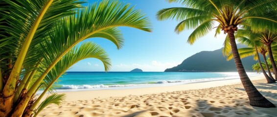 Serene Beach With Palm Trees and Golden Sand Under a Vibrant Blue Sky