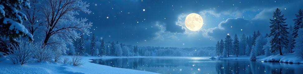 Naklejka premium Snowflakes gently falling onto a frozen lake under a bright moon, full moon, snowfall, snowy branches