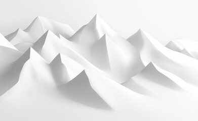 Minimalist 3D rendering of a white mountain range with sharp peaks and soft valleys in a monochromatic style.