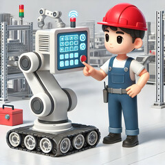 3D Technician Programming Industrial Robot on Factory Floor with Copy Space for Automation and Digital Transformation