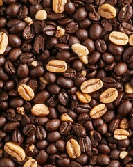 Fototapeta premium A Close-Up View of Various Coffee Beans Including Dark Roast, Light Roast, and Unroasted Varieties on a Rustic Wooden Surface Ideal for Food and Beverage Photography