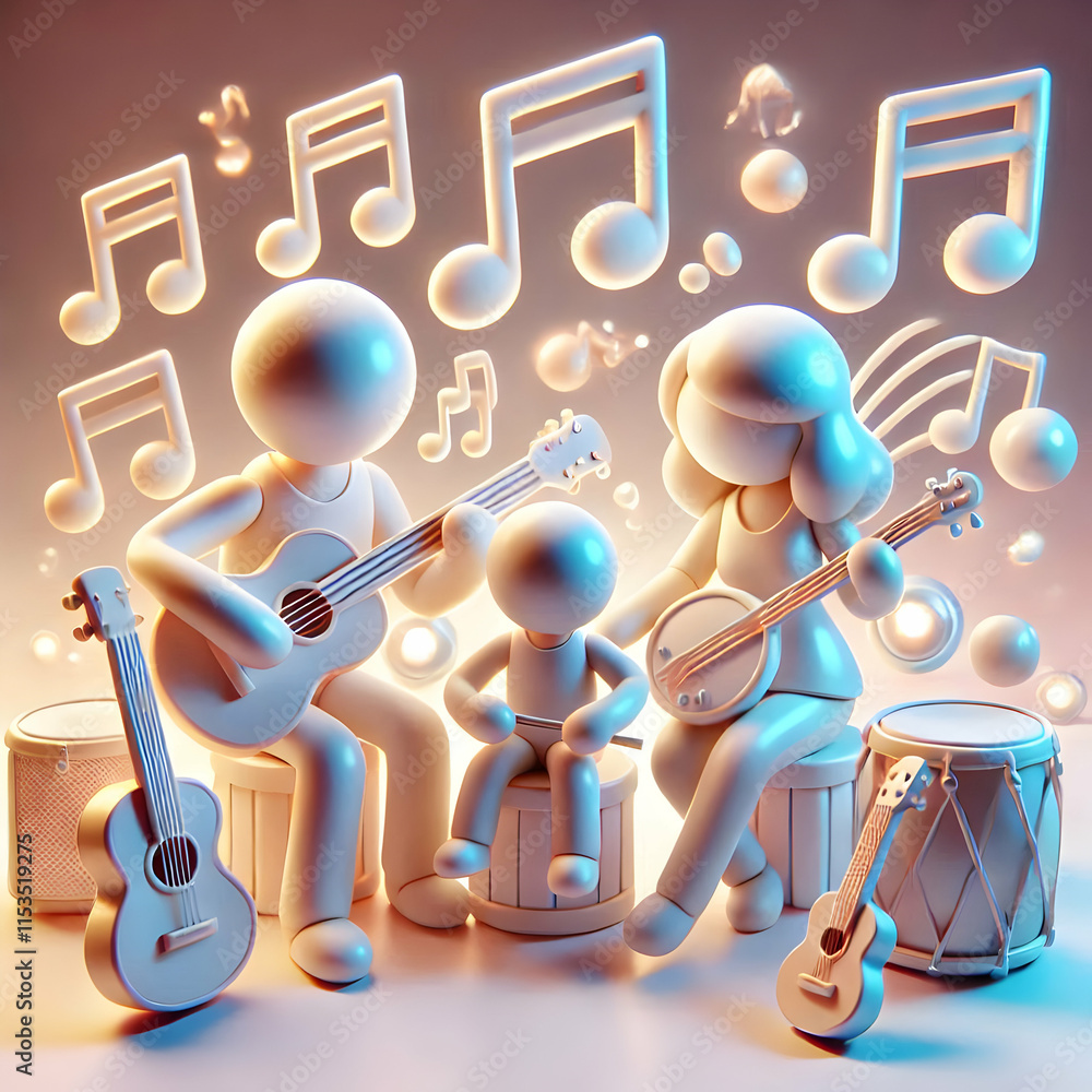Poster 3d family playing music together with digital instruments soft glow music themed background and copy
