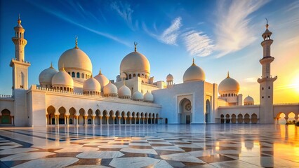 Fototapeta premium Majestic White Mosque, Architectural Wonder, Islamic Architecture, Middle Eastern Landmark, Religious Building