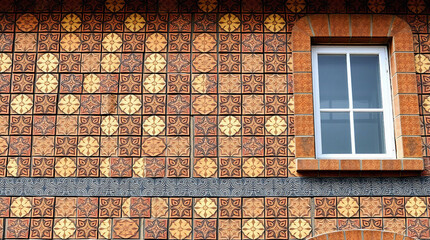 A brick wall with a repeating patterned tile design in oranges and yellows. A single, small, multi-paned window is set into the brickwork.  A thin dark band separates sections of the tiled wall.