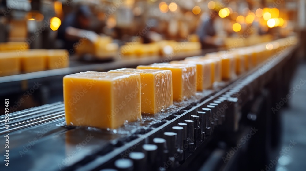Aufkleber yellow cheese blocks move steadily along a conveyor belt in a busy factory. workers oversee the proc