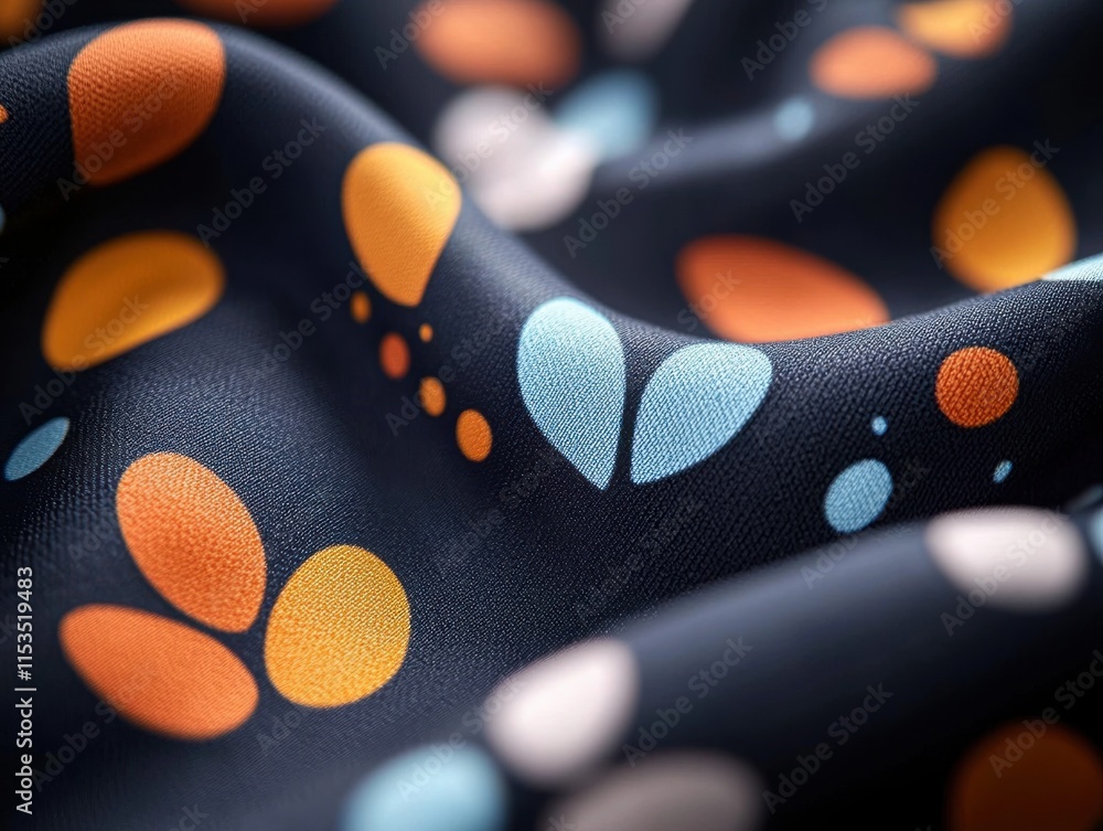 Poster a close-up of colorful dots and shapes on dark fabric, showcasing vibrant patterns and textures.