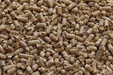 Wood filler for cat toilet, selective focus. Hygienic filler for pets. Pressed wood, large granules. Pellets. A pile of wood pellets. Filler for dogs, cats, domestic rodents