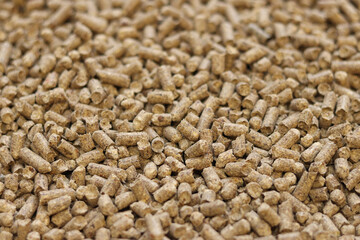 Wood filler for cat toilet, selective focus. Hygienic filler for pets. Pressed wood, large granules. Pellets. A pile of wood pellets. Filler for dogs, cats, domestic rodents