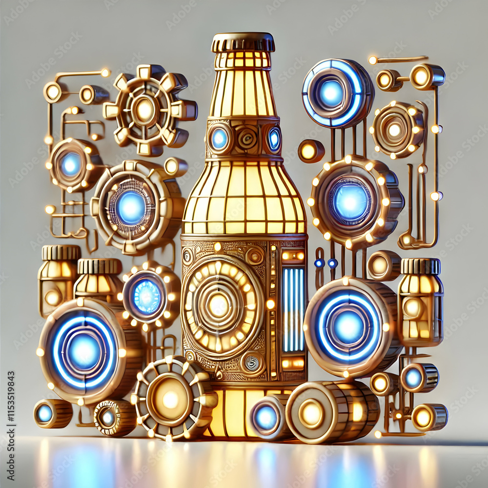 Poster futuristic led light bottles close-up macro display celebratory event 3d icon isolated white backgro