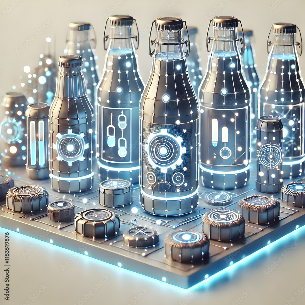 Poster 3d futuristic led light bottles close-up macro display for celebrations with glowing designs and eve