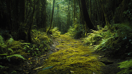 Fototapeta premium Mossy ground in lush rainforest with vibrant greenery and trees
