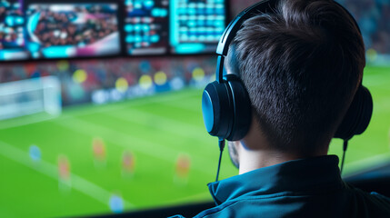 Back view of a man wearing headphones, monitoring multiple sports screens in a control room, focused on live football games.
