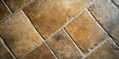 Obraz premium Textured background featuring a dirty sand stone tile floor, showcasing the unique patterns and imperfections of the sand stone tile, perfect for highlighting the beauty of tile floor design.