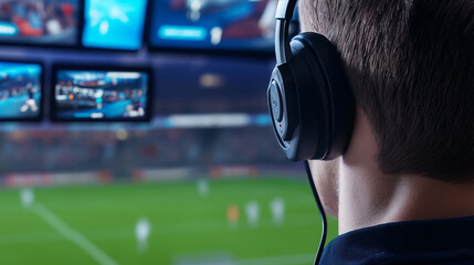 Back view of a man wearing headphones, monitoring multiple sports screens in a control room, focused on live football games.
