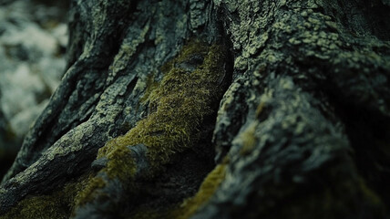 Obraz premium Moss covered bark texture on tree roots, showcasing nature beauty