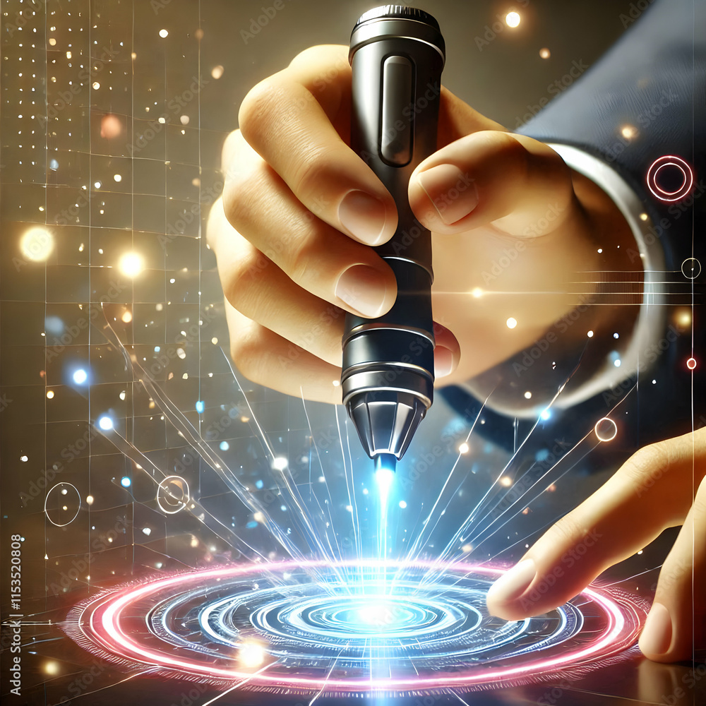 Aufkleber futuristic laser pointer macro shot hands presentation glowing background business concept copy spac