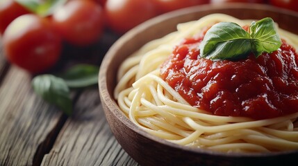 Close up shot of delicious pasta sauce with a rich tomato taste, beautifully presented on a vintage wooden table, showcasing the vibrant color and texture of the pasta sauce in rich detail.