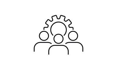 Team training, crm system outline icon, group of three people with a gear icon. Vector EPS10