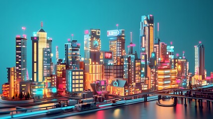 Obraz premium Futuristic city at night with glowing neon lights for Modern skyscrapers unique architecture dominate the scene concept.