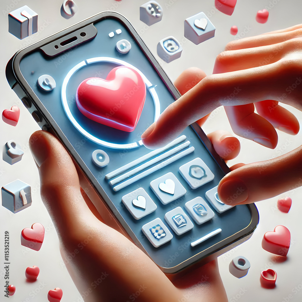 Poster 3d macro of hands interacting with digital screen heart icon symbolizing emotional connection and te
