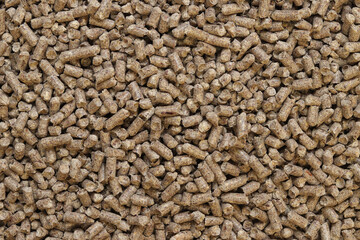 Wood filler for cat toilet, top view. Hygienic filler for pets. Wood pellet cat litter as background, closeup. Pressed wood, large granules. Pellets. A pile of wood granules. Texture