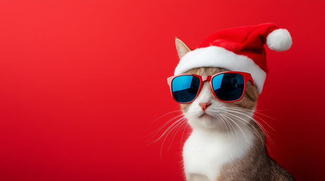 Cat wearing a Santa hat and sunglasses against a red background, adding a festive and humorous twist to holiday cheer.
