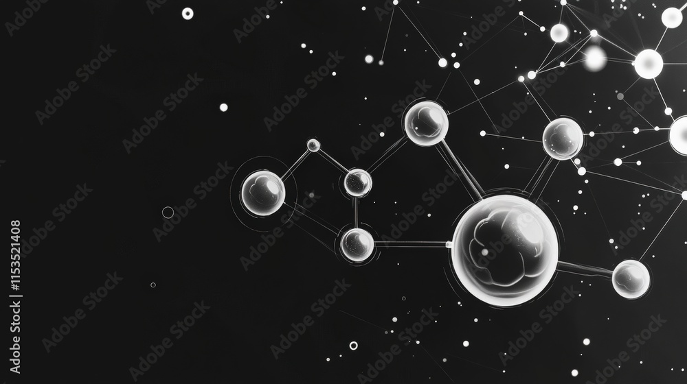 Poster abstract molecular structure with dots and lines on black background