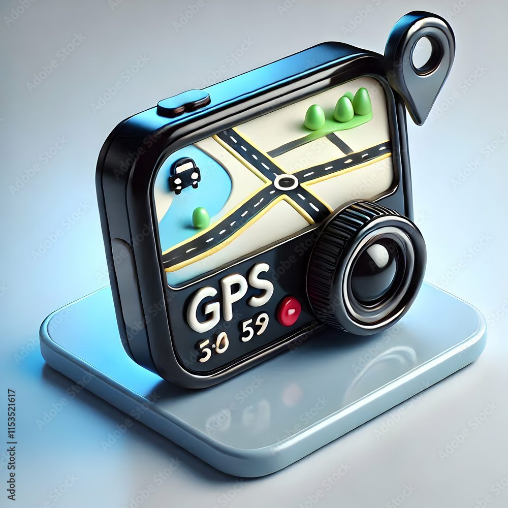 Poster 3d glossy gps device displaying map on surface with copy space for navigation and road trip explorat