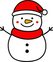 cartoon-style snowman wearing a red scarf and hat